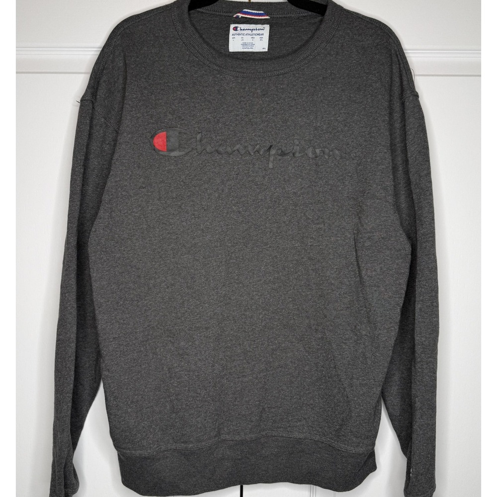 Champion Sweatshirt Mens Large Gray Script Logo Fleece Crewneck Pullover Top